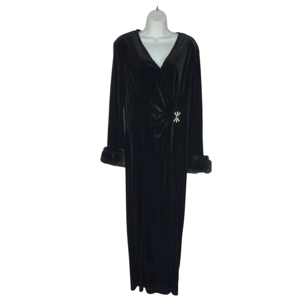 Vintage Joseph Ribkoff Black Velvet Faux Fur Cuffs Rhinestone Accent Gown Large - Picture 2 of 15